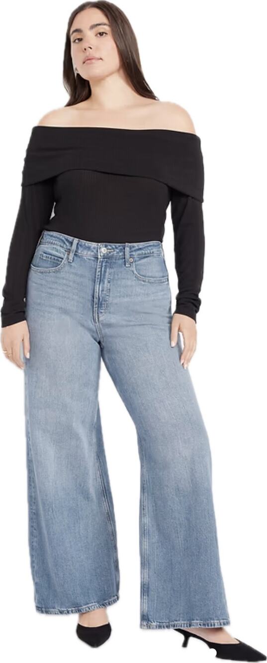 Old Navy Drapey Denim High-Rise Baggy Wide Leg Jeans Women's 14P Med Blue NWT